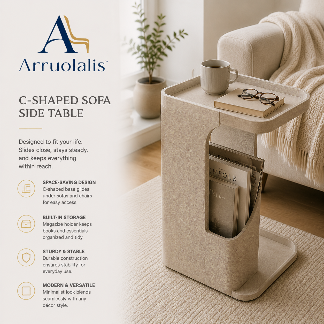Arruolalis™ SlideNest C-Shaped Side Table – Compact Design with Everyday Convenience