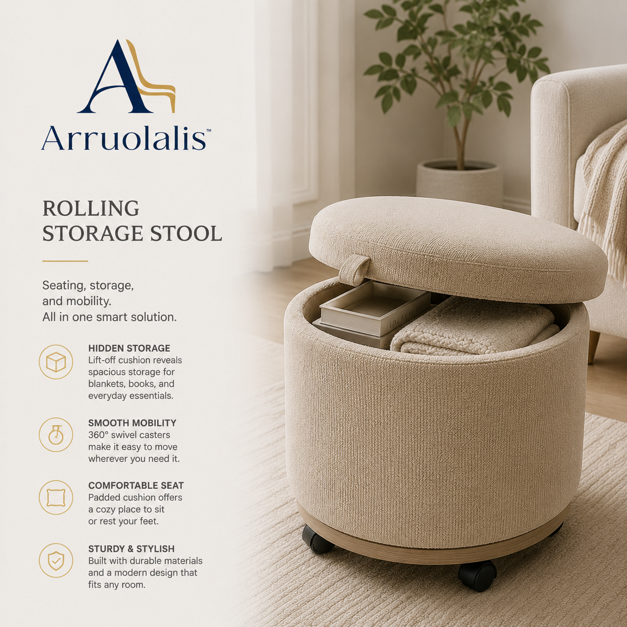 Arruolalis™ GlideNest Rolling Storage Ottoman – Mobile Comfort & Hidden Organization