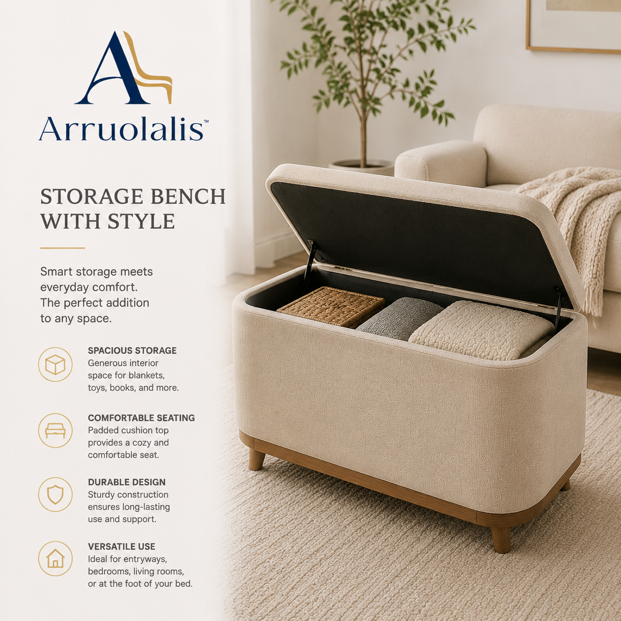 Arruolalis™ HavenLift Storage Bench – Elegant Seating with Hidden Home Organization