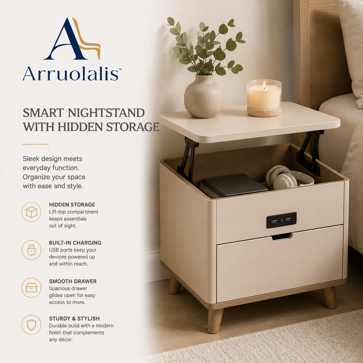 Arruolalis™ LuxeCharge Nightstand – Smart Bedside Storage with Modern Functionality